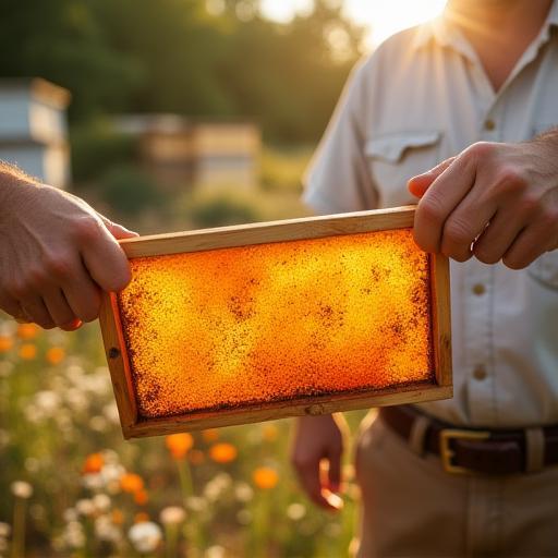 Beekeeper inspecting Manuka honey frames